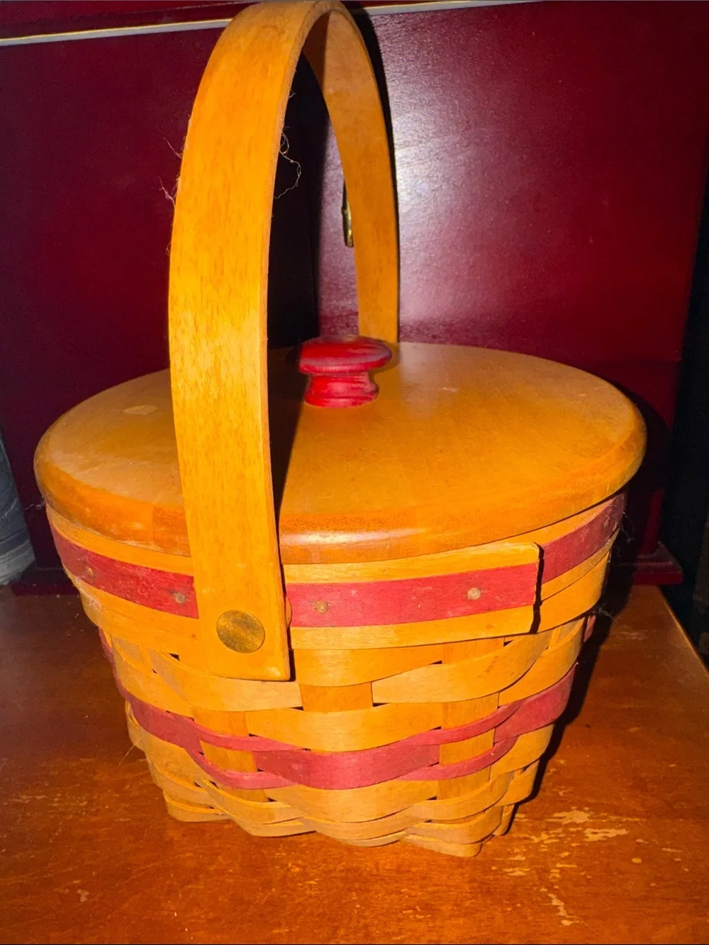 Longaberger Vintage Red and Natural Woven Picnic Basket with Lid and Handle